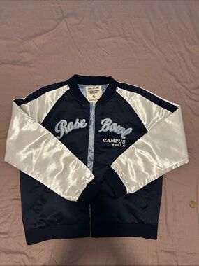 Rose Bowl Campus Satin Bomber Jacket - Navy & White
